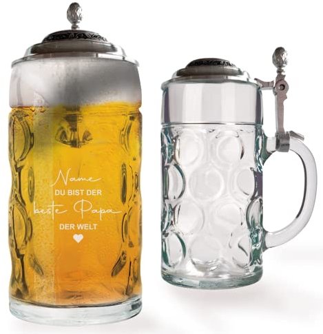 GRAVURMACHER® Chope à bière avec gravure et couvercle en étain – Chope à bière Isar 0,5 l avec couvercle en étain – Chope à bière comme cadeau de fête des pères – Cadeau d'anniversaire pour homme