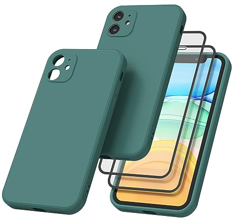 AK Funda para iPhone 11 con 2Piezas Protector de Pantalla Cristal Templado,Funda de Liquida Suave Silicona para iPhone 11 Carcasa Protectora Anti-Choque Case(Verde Oscuro)