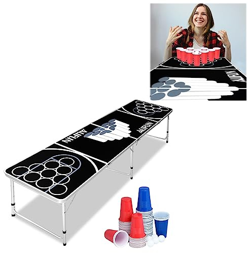 JOIEYOU Beer Pong Tisch Set Bierpongtisch Klappbarer Table Höhenverstellbar für Bier Becher Trinkspiel Beerpongbecher Set, 5 Bälle und 100 Bechern