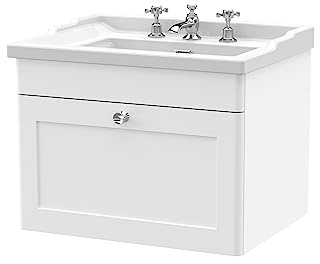 nuie CLC194G Classique Traditional Bathroom Wall Hung 1 Drawer Vanity Unit & 3 Tap Hole Ceramic Basin, 600mm, Satin White