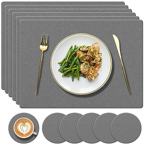 YUNJUER Silicone Place Mats and Washable Coasters Set of 6, Heat-Resistant 450 °F, Non Slip Placemats for Home, Hotel, Indoor Kitchen, Outdoor, Glass Dining Table, (Dark Grey)