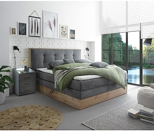 Lomadox Boxspringbett 180x200 cm mit Bettkasten | Doppelbett in dunkelgrau mit Artisan Eiche Nb., Härtegrad H2