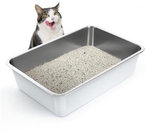 IKITCHEN Weiß Große Katzentoilette Edelstahl(60×40×15cm), Litter Box Katzenklo, Katzen und Kaninchen Metall klo, Niemals Gerüche, Fleckfrei, Rostfrei, Antihaft Glatte Oberfläche,Anti-Rutsch Gummiboden