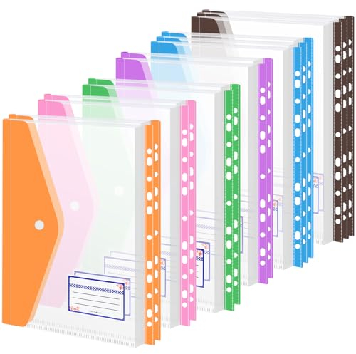 14 Stück Dokumententasche A4, A4Dokumentenmappe mit Nruckknopf, Erweiterbare Lochtaschen Sammelmappen mit 11 Binder Löcher und Etikettentasche zum Organisieren von Dokumenten Mappen A4Schnellhefte