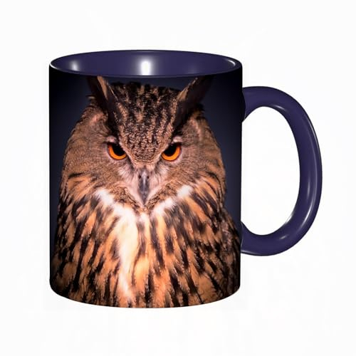 Coffee Mug Funny Mug,Portrait of a Horned Owl,Navy Blue Mug Cup Gift Birthday Work Office Christmas Tea Coffee