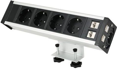 Btstil Enchufe de mesa con 4 enchufes con 2 RJ45, enchufe múltiple para oficina, cocina, encimera, cable de 1,5 m (enchufe de mesa con pinza)