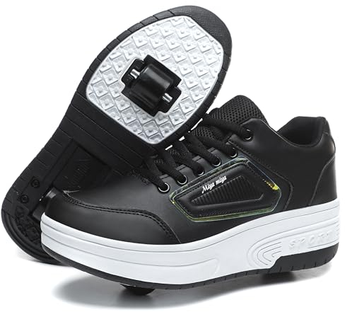Skridsko Rollschuhe Schuhe für Jungen & Mädchen, Turnschuhe mit Rollen für Kinder, Sneaker mit Verstellbar Räder, Skateboardschuhe für Ostern Geburtstag Weihnachten, Schwarz 34EU