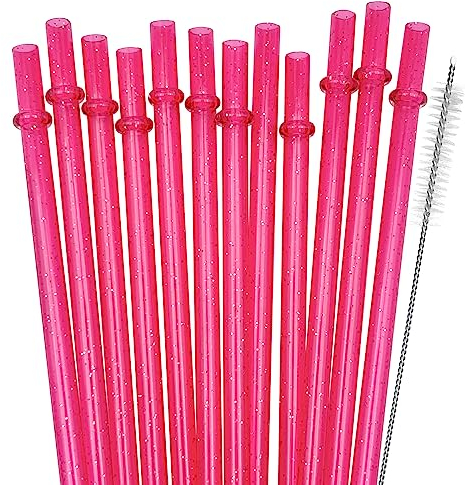 SUNDEE Reusable Plastic Straws, Glitter Straws Reusable Drinking Straw Thick BPA-Free Glitter Drinking Straw Accessories, Set of 12 Pcs Colorful Straw with Cleaning Brush - Rose