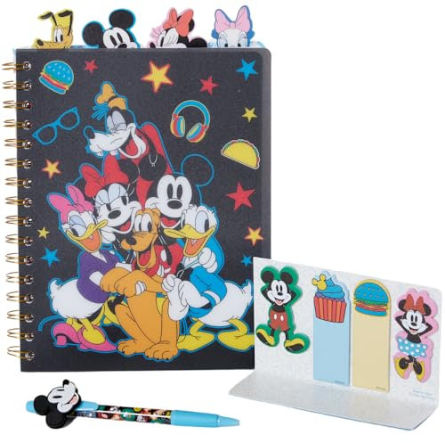 Disney Mickey and Friends Tab Journal Spiral Notebook, Ballpoint Pen, Sticky Tabs, 96 Lined Pages