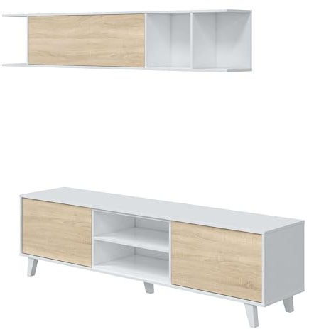 Miroytengo Mueble de TV Zaiken en Melamina Blanco y Roble, Diseño Moderno, Incluye Módulo Aéreo, Muebles de Salón 180 cm