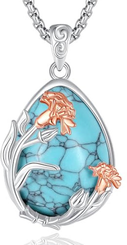 EUDORA Harmony Ball Carnation Necklace for Women, 925 Sterling Silver Rose Gold Turquoise Carnation Pendant Jewelry Gift for Mom Daughter, 22