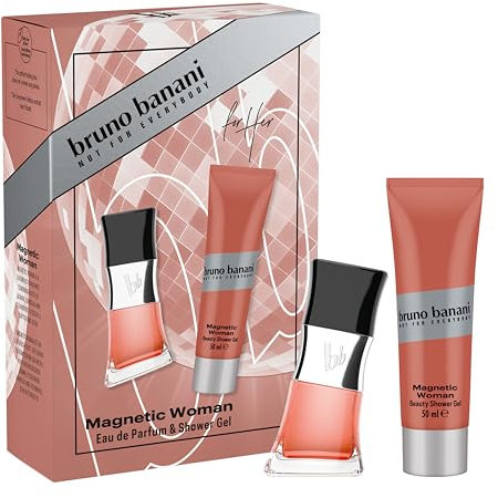 bruno banani Magnetic Woman Geschenkset mit Eau de Parfum und Duschgel, fesselnder Amber-Gourmand-Duft für Frauen, 30 ml und 50 ml