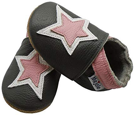 Mejale Lederschuhe Kinder Krabbelschuhe Baby Junge Mädchen Hausschuhe Weicher Leder Babyhausschuhe(24-36 Monate, Dunkelgrau, Rosa Sterne, XXL)