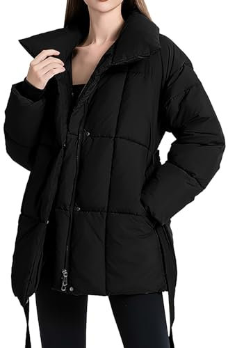 PODOLIXIA Wintermantel Damen Kurz Steppmantel Hoher Kragen Daunenmantel mit Druckknopf und Reißverschluss Leichte Puffer Jacke mit Gürtel und Taschen Warme Parka Jacke Freizeit Übergangsjacke