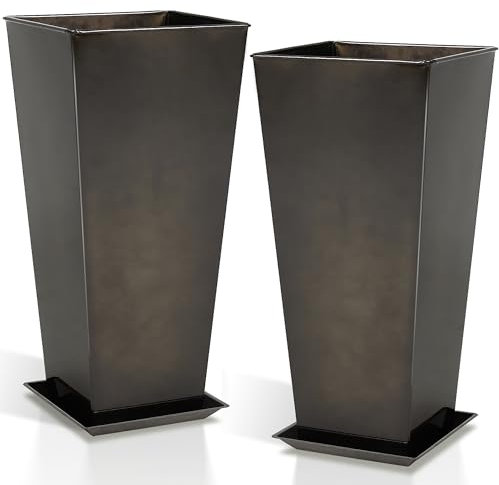 Worth Garden Pflanzgefäß, 63,5 cm, groß, Metall, glasiert, luxuriös, glänzendes Finish, schwarz, hoch, quadratisch, konisch, Stahl, dekorativer Blumentopf für drinnen und draußen, Ablaufloch und