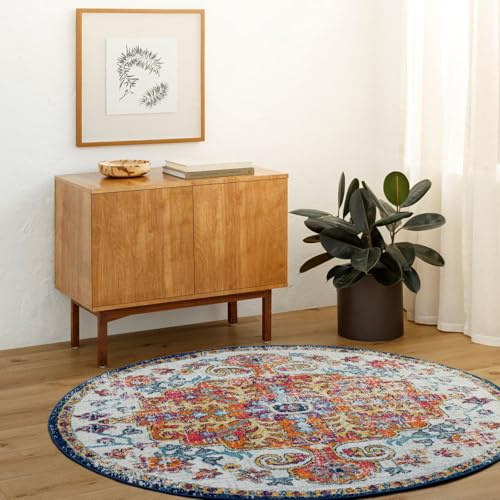 Livabliss Asmara Vintage Teppich 120x120 cm – Traditioneller Boho Kurzflor für Wohnzimmer & Küche – pflegeleicht in Blau & Orange