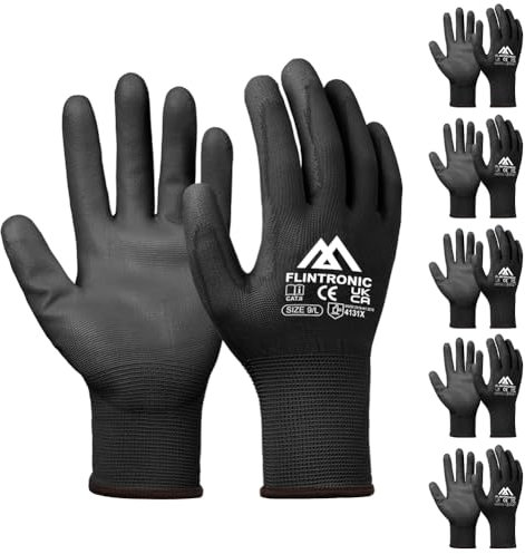 flintronic 6 Pairs Safety Work Gloves, Non-Slip PU Coated Gloves, Scratchproof Work Handling Gloves, Firm Grip Protective Working Gloves for General Duty Work, Gardening (L - Size 9, Black)