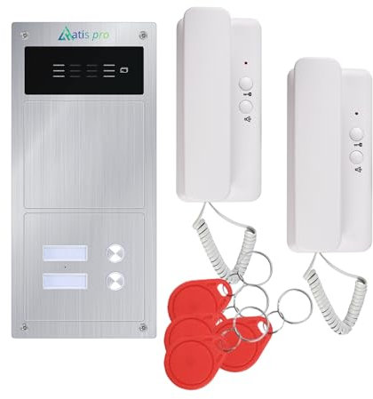 Intercom Kit – 2 Wire, Easy Installation, Complete Street Plate, Box, DIN 12Vac/1A Feeder and Phones (2 with RFID Reader)
