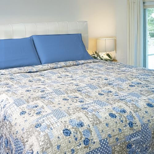 Home Tresor Quilt Trapuntino Mezza Stagione Copriletto Trapuntato Primavera Estate Autunno Trapunta Leggera Letto Singolo Morbida Microfibra Floreale - 170x250, Rose Blu