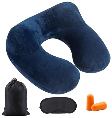 Aufblasbares Reisekissen, Nackenkissen, Weicher Samt Nackenstütze, Nackenhörnchen Ideal für Reisen, mit kompakter Tragetasche, Ohrstöpsel, Augenmaske, Für Reisen, Flugzeuge, Züge und Büros, Navy Blau