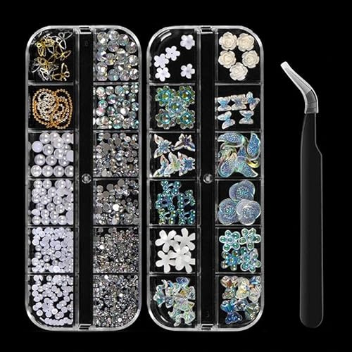 Crystal Nail Charms Set - Rhinestones, Pearls, Flowers, Bows, Chains - Nail Art Decorations Kit - Flat Back Design for Easy Application - Silver and Gold Nail Accents