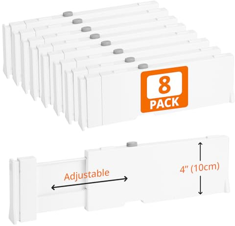 8 Stück 9,7cm Hohe Schubladenteiler, 28-43cm Schubladentrenner Verstellbar, Küchen Organizer Schublade, Warmweiße Schubladen Trenner für Babykleidung, Eitelkeit, Kosmetik, Küche und Büroaufbewahrung