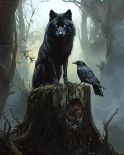 WANMIU Malen Nach Zahlen Erwachsene Schwarzer Wolf und Krähe Bastelset Erwachsene Gemälde Leinwand 40x50 cm Mit Farbe und Pinsel - Geschenke und Maldekorationen