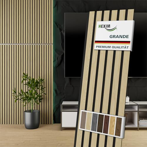 HEXIM Akustikpaneele 6 Stück 140x30cm Holz Grande - Wandpaneele Platten Lamellen Holzpaneele Echtholzfurnier 21mm Filz Schalldämmung MDF Hellbraun (2,52m² Light Oak)