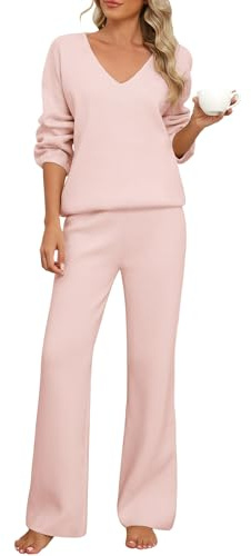 CMTOP Tuta Donna Elegante Completo 2 Pezzi Pigiama Invernale Autunno Casa Scollo a V Tailleur in Maglia Maniche Lunghe Pullover Top Elastico Vita Pantaloni a Gamba Larga Set Sportive