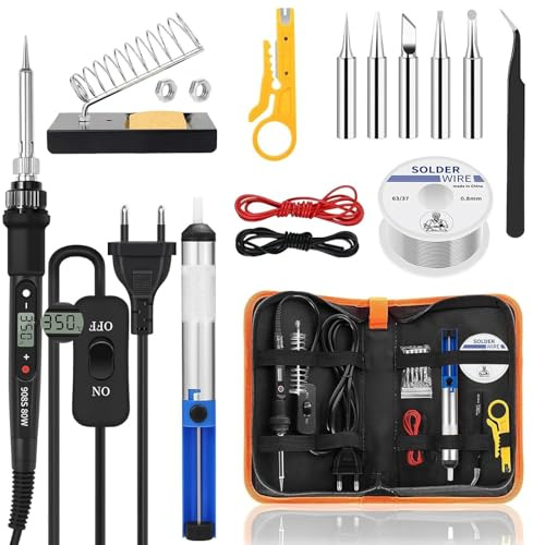 Lötkolben Set, Lötkolben Kit Lötset 80W,Einstellbare Temperatur 180-500 °C, Lötwerkzeug mit 5 Lötspitzen, 50g Lötdraht zum Löten, Entlötpumpe, Zinndrahtrohr, Lötkolbenständer