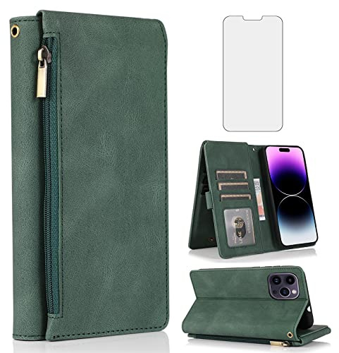Asuwish Compatible with iPhone 14 Pro Max 6.7 inch Wallet Case Screen Protector and Zipper Retro Leather Flip Cover Card Holder Stand for iPhone14promax 5G i Phone14Max Plus iPhone14 ProMax Green