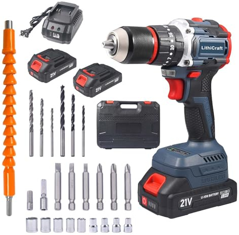LithiCraft Trapano Avvitatore a Percussione Batteria 21V Motore Brushless, 55Nm, Mandrino in Metallo 13mm, 2 Batterie 2.0Ah, 35+3 Posizioni di Coppia, con Valigetta & 24 Accessori Professionali