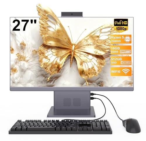 27 All-in-One PC Suitable for Daily Work Entertainment and E-Sports Games | Ryzen 5 7640HS(up to 5.0GHz) 6 Cores Processor 16GB DDR5 512GB SSD with Webcam WiFi6 Bluetooth5.3 Wired Keyboard & Mouse