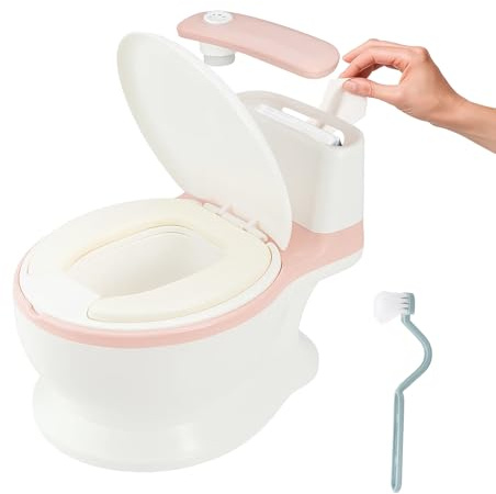 Potty Training Toilet Seat for Toddlers, Realistic Baby Potty Chair for Boys and Girls, Kids Training Toilet with Splash Guard, Anti-Slip Base, Removable Bowl & Wipe Holder (White-Pink)