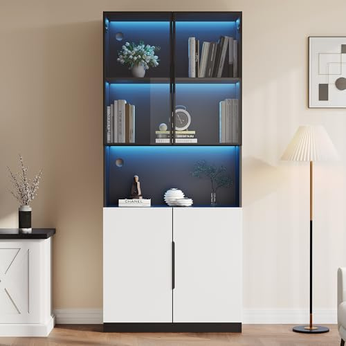 DHWDS Bibliothèque Vitrine avec Portes en Verre et Éclairage LED - Meuble de Rangement avec Étagères Réglables - pour Salon, Bureau ou Chambre - Dimensions : 80 x 30 x 200 cm - Blanc