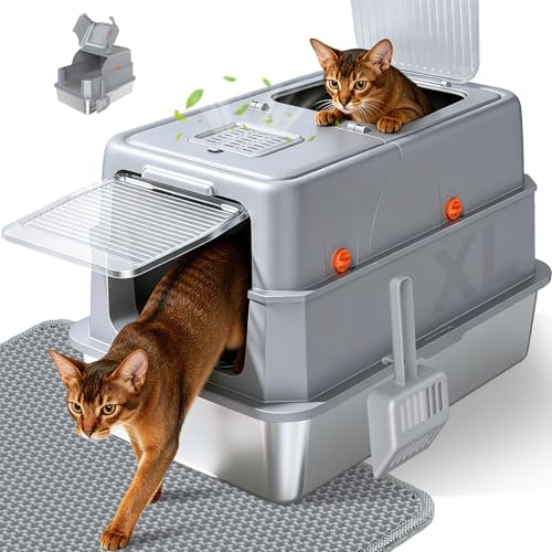 Edelstahl-Katzentoilette mit Deckel – hohe Seitenwände, geschlossene Metallwanne, Kratzfest & urindicht, antihaftbeschichtet, aufklappbare Front & Einstieg von Oben, inkl. Matte & Schaufel