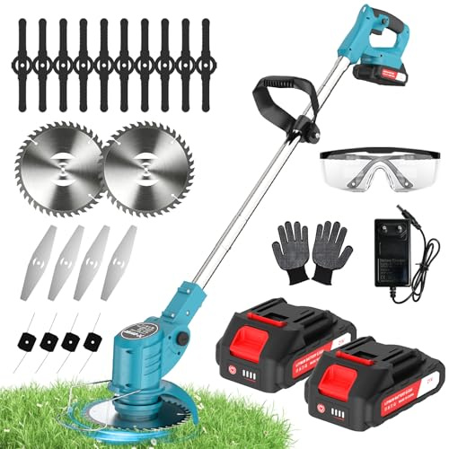 Decespugliatore a Batteria – Tagliaerba Elettrico con 2 Batteria e 4 Tipi di Lame, Testa Pivotante a 90°, Manico Regolabile, Taglia Erba da Giardino Elettrico per Rifinitura Prato, Giardino