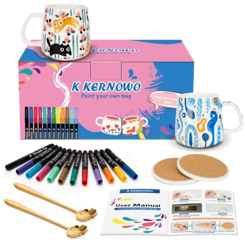K KERNOWO Paint Your own Mug Set, Complete Pottery Painting Kit for Adults | Creative Craft Kits for Adults Beginners, DIY Ceramic Painting Kit Includes Mugs, Ceramic Paint Pens, Spoons, Coasters