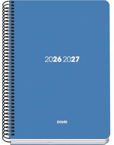 Dohe - Schulkalender 2026 2027 - September bis Juni, Wochenübersicht, A5 (15x21 cm), Flexibler Einband aus Hartplastik, Spiralbindung, Spanisch und Englisch - Element Blau