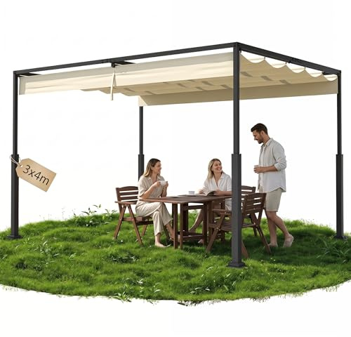 QEENTOE Schiebepergola 3x4 m, Freistehendes Terrassendach aus Stahl & Polyester, Wasserdicht Winterfest, Robuste Metallsäulen Sonnenschutz für Terrasse Garten Beige