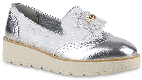 stiefelparadies Damen Slipper Lack Plateau Loafers Metallic Loafer Flats Glitzer Slippers Quasten Lochung Schuhe 128749 Silber Quasten 37 Flandell