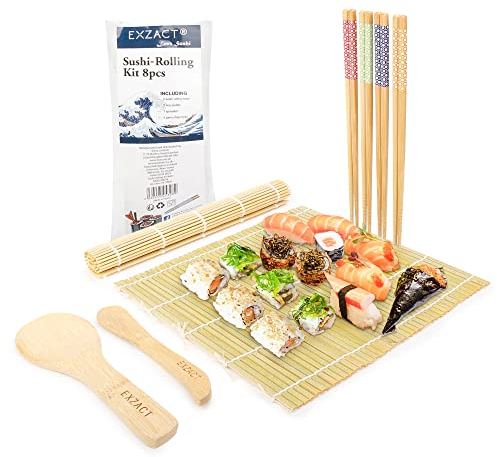 Exzact Juego de 8 piezas para Preparar Sushi de Bambú - 2 x Esterillas, 1 x Paleta de Arroz, 1 x Esparcidor de Arroz, 4 Pares de Palillos