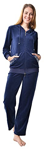RAIKOU Donna Tuta in Velluto di Ciniglia, Tuta da Casa e Tempo Libero, Felpa con Cerniera a Manica Lunga, Yoga Joggers Sportiva (48-50, Blu Notte)