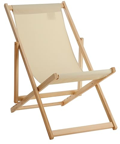 Premier Housewares Cremefarbener Liegestuhl für Erwachsene | Eleganter Strandkorb für Terrasse | Liegestuhl aus Holz | verstellbarer Hartholzrahmen | Camping Picknick Stuhl