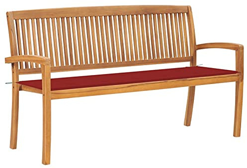 Festnight Stapelbare Gartenbank mit Rot Auflage Gartenbank Loungebank Sitzbank Bank Bierbank Holzbank Gartensessel Parkbank Gartenmöbel128,5 cm Massivholz Teak