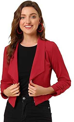 Allegra K Women's Work Office Cropped Jacket Notched Lapel Long Sleeve Open Front Short Blazer Red L-16