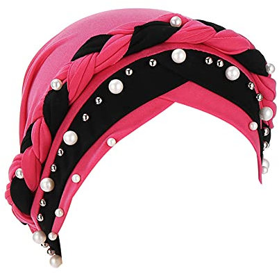 Fxhixiy Damen Hijab Perlen Zopf Turban Hut Kopftuch Krebs Chemo Beanies Bandana Headwrap Cap, Rosenrot, Schwarz, Einheitsgröße
