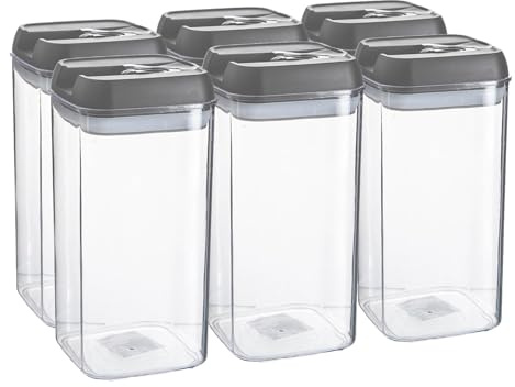 Argon Table Food Storage Containers with Airtight Flip Lock Lids - 1200ml - Grey - 6 Pack - Plastic Kitchen Storage Pantry Food Organiser for Cereal, Oats, Sugar, Coffee, Biscuits, Tea