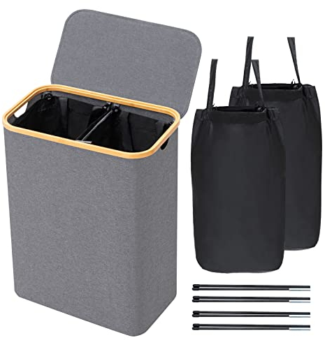 BRIAN & DANY 123L Wäschekorb mit deckel, Zwei Fächer Wäschebox Faltbar Wäschesammler Wäschetruhe Wäschetonne, Grau