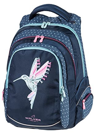 Walker 42017-064 - Schul-Rucksack Fame Magic Colibri Petrol mit 3 Fächern und Seitentaschen, Schul-Tasche inkl. Rücken-Polsterung und verstellbarem Hüft-, Schulter- und Brustgurt, wasserabweisend